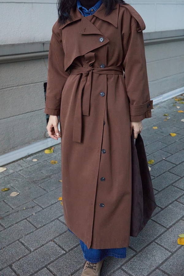 Asymmetrical Drop Shoulder Trenchcoat Brown - 1