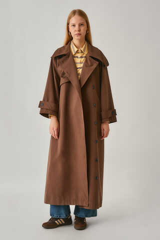 Asymmetrical Drop Shoulder Trenchcoat Brown - 5