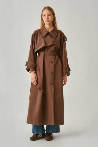Asymmetrical Drop Shoulder Trenchcoat Brown - 6