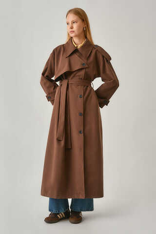 Asymmetrical Drop Shoulder Trenchcoat Brown - 8