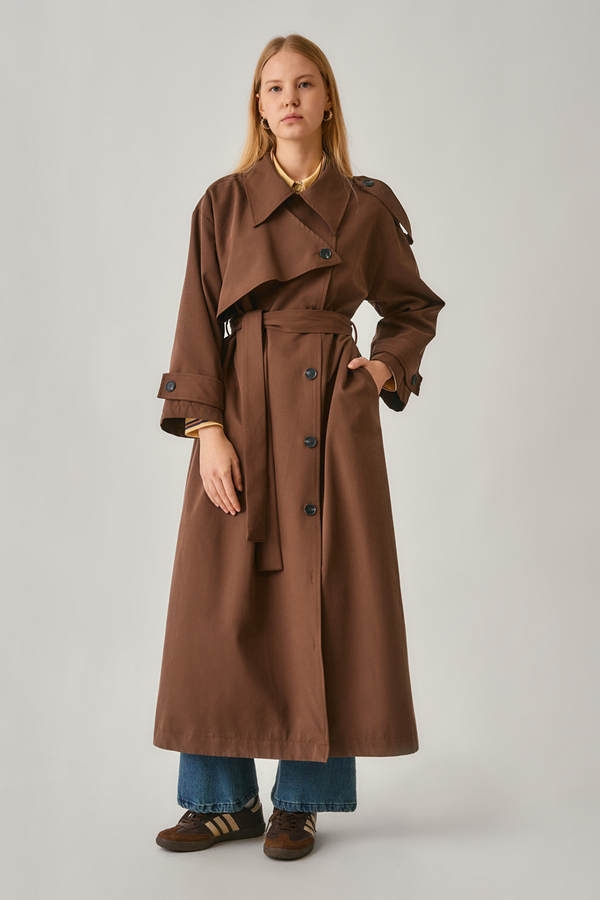 Asymmetrical Drop Shoulder Trenchcoat Brown - 10