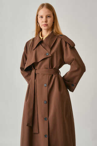 Asymmetrical Drop Shoulder Trenchcoat Brown - 9