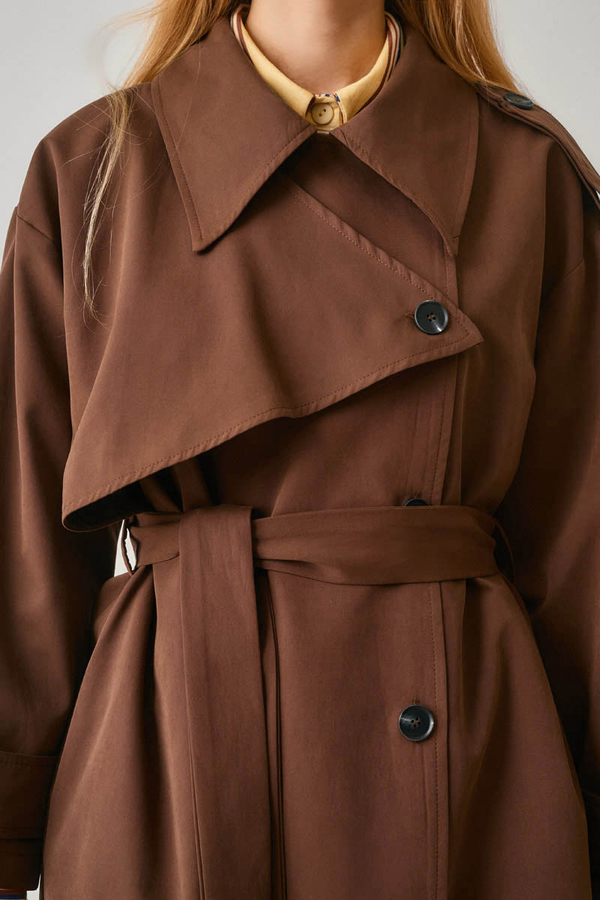 Asymmetrical Drop Shoulder Trenchcoat Brown - 7
