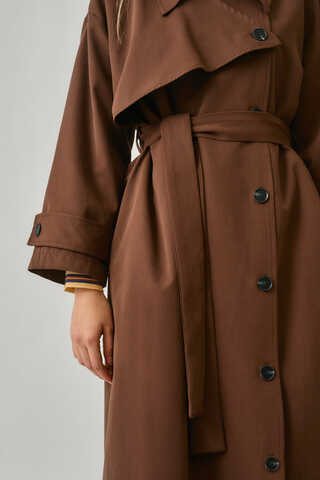Asymmetrical Drop Shoulder Trenchcoat Brown - 12