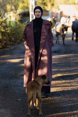 Asymmetrical Drop Shoulder Trenchcoat Dark Plum - 2