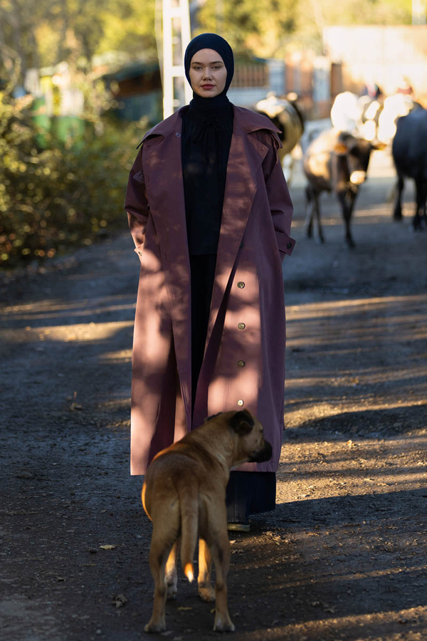 Asymmetrical Drop Shoulder Trenchcoat Dark Plum - 2