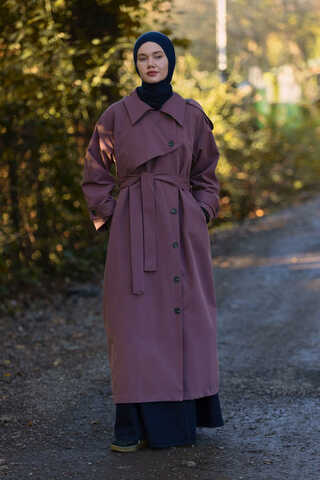 Asymmetrical Drop Shoulder Trenchcoat Dark Plum - 1