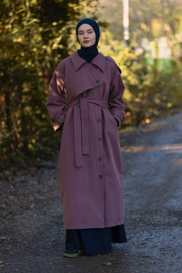 Asymmetrical Drop Shoulder Trenchcoat Dark Plum 