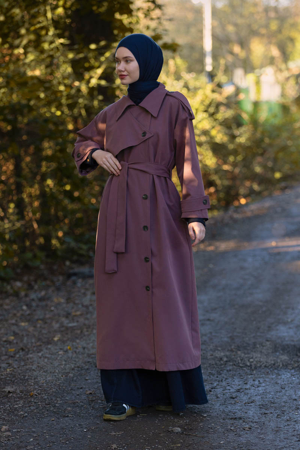 Asymmetrical Drop Shoulder Trenchcoat Dark Plum - 9