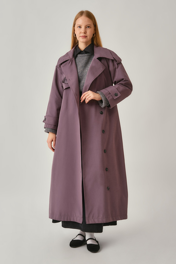 Asymmetrical Drop Shoulder Trenchcoat Dark Plum - 5