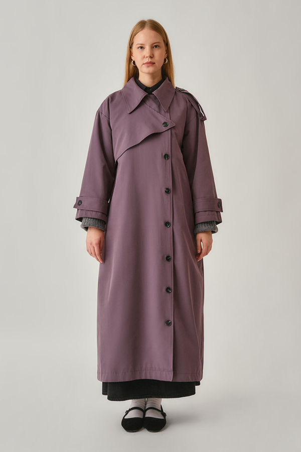 Asymmetrical Drop Shoulder Trenchcoat Dark Plum - 6