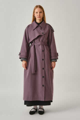 Asymmetrical Drop Shoulder Trenchcoat Dark Plum - 8