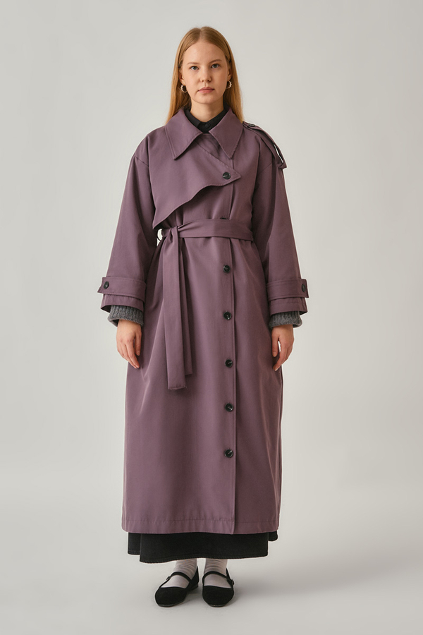 Asymmetrical Drop Shoulder Trenchcoat Dark Plum - 8