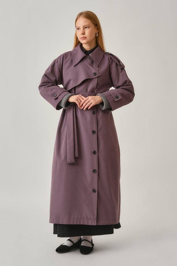 Asymmetrical Drop Shoulder Trenchcoat Dark Plum - 10