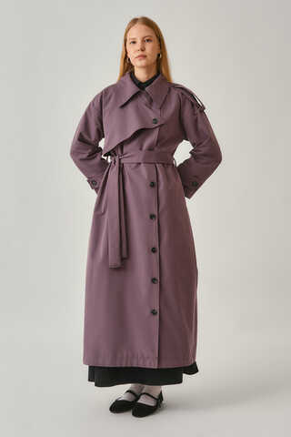 Asymmetrical Drop Shoulder Trenchcoat Dark Plum - 12
