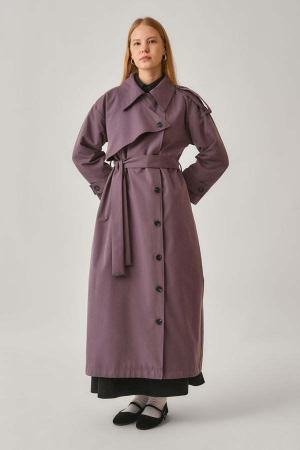 Asymmetrical Drop Shoulder Trenchcoat Dark Plum - 12