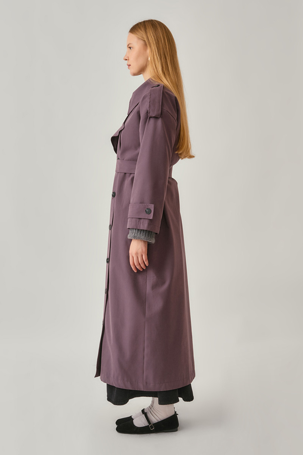 Asymmetrical Drop Shoulder Trenchcoat Dark Plum - 13