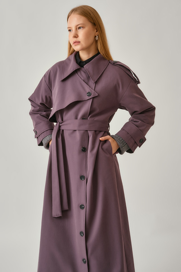 Asymmetrical Drop Shoulder Trenchcoat Dark Plum - 15