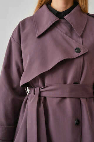 Asymmetrical Drop Shoulder Trenchcoat Dark Plum - 16