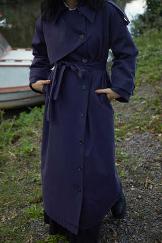 Asymmetrical Drop Shoulder Trenchcoat Navy - 1