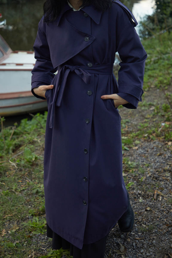 Asymmetrical Drop Shoulder Trenchcoat Navy 