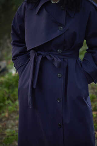 Asymmetrical Drop Shoulder Trenchcoat Navy - 3