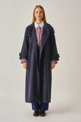 Asymmetrical Drop Shoulder Trenchcoat Navy - 5