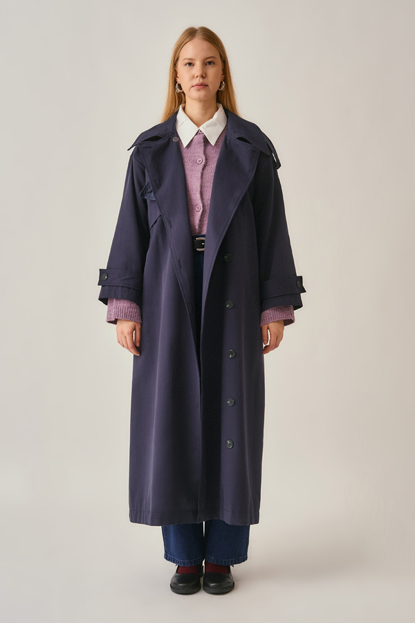 Asymmetrical Drop Shoulder Trenchcoat Navy - 5