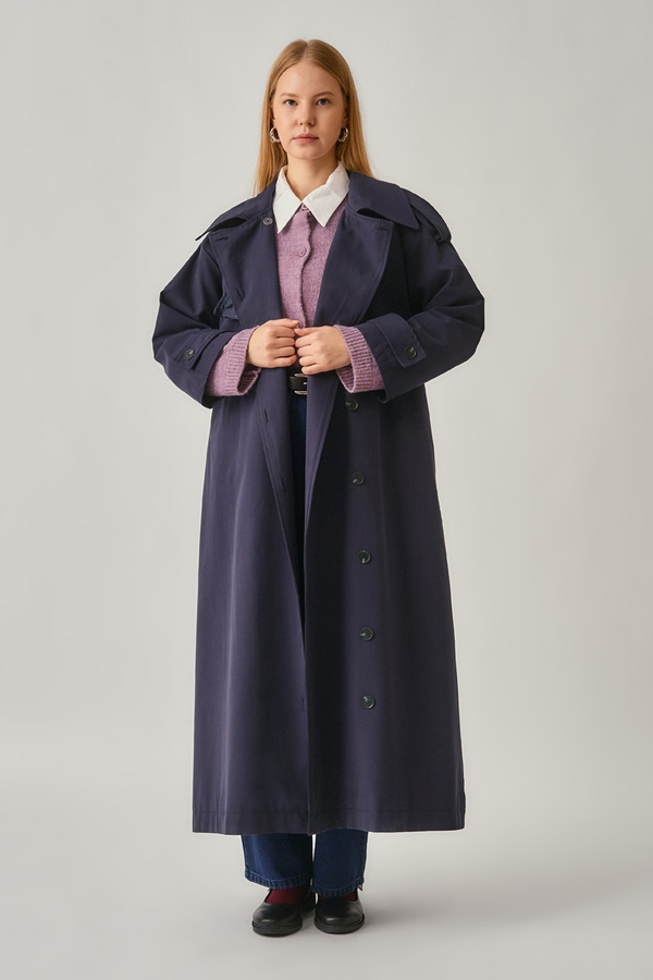 Asymmetrical Drop Shoulder Trenchcoat Navy - 6