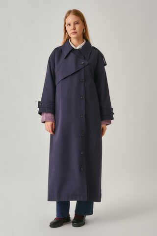 Asymmetrical Drop Shoulder Trenchcoat Navy - 8