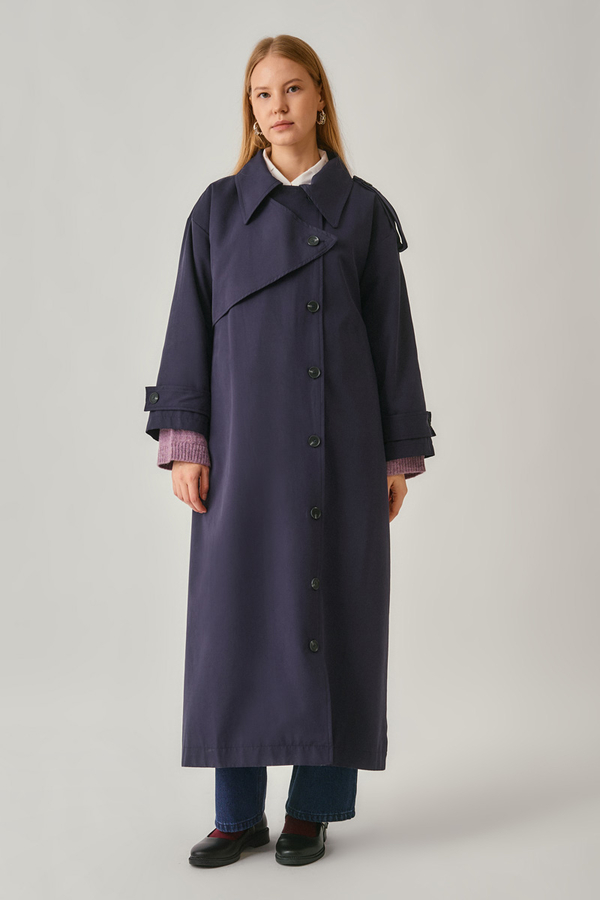 Asymmetrical Drop Shoulder Trenchcoat Navy - 8