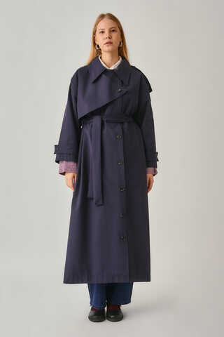 Asymmetrical Drop Shoulder Trenchcoat Navy - 10