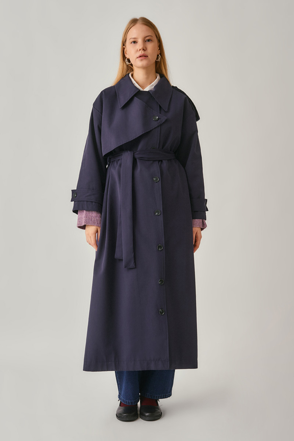 Asymmetrical Drop Shoulder Trenchcoat Navy - 10