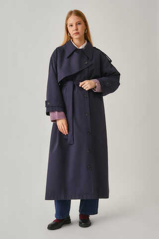 Asymmetrical Drop Shoulder Trenchcoat Navy - 12