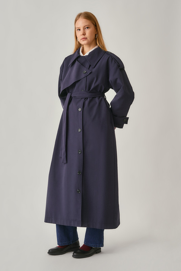 Asymmetrical Drop Shoulder Trenchcoat Navy - 13