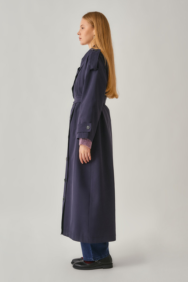 Asymmetrical Drop Shoulder Trenchcoat Navy - 14