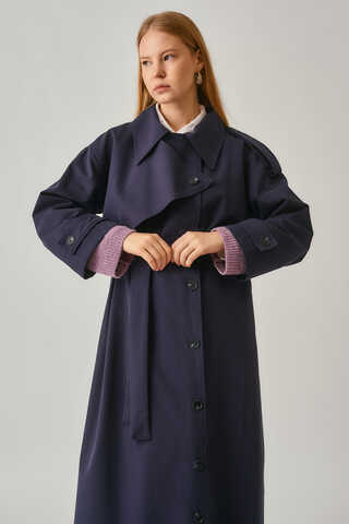 Asymmetrical Drop Shoulder Trenchcoat Navy - 7