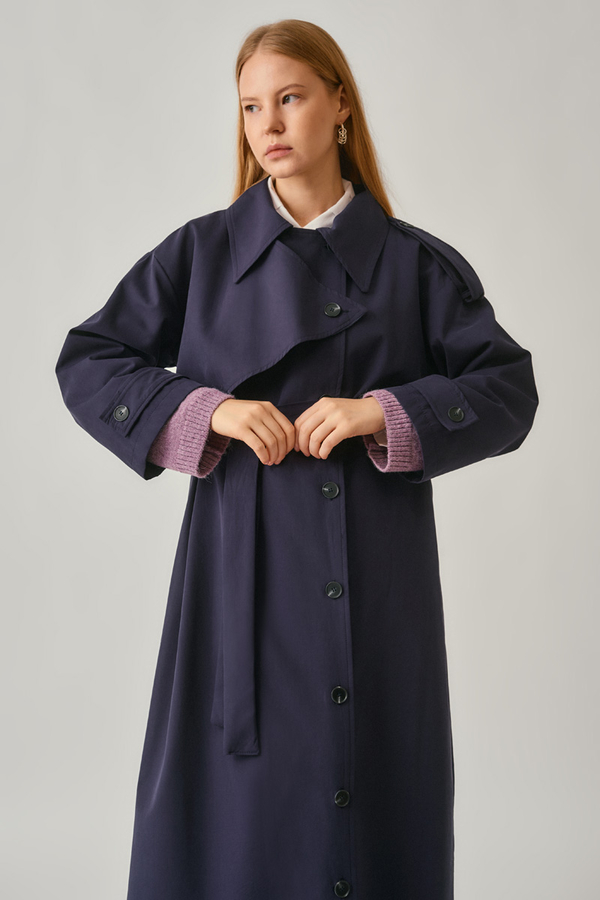 Asymmetrical Drop Shoulder Trenchcoat Navy - 7