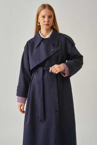 Asymmetrical Drop Shoulder Trenchcoat Navy - 11