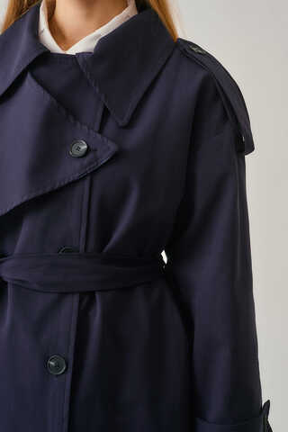 Asymmetrical Drop Shoulder Trenchcoat Navy - 9