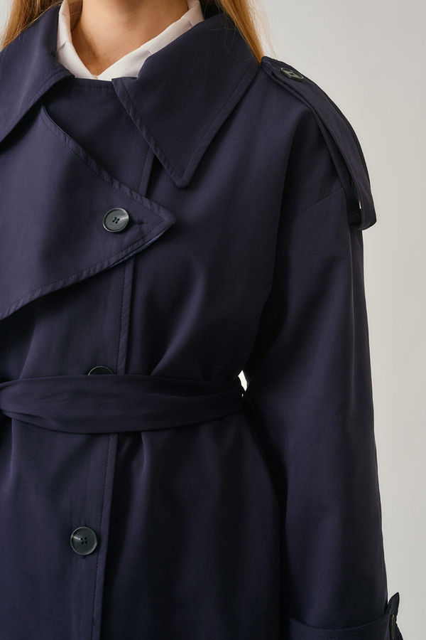 Asymmetrical Drop Shoulder Trenchcoat Navy - 9
