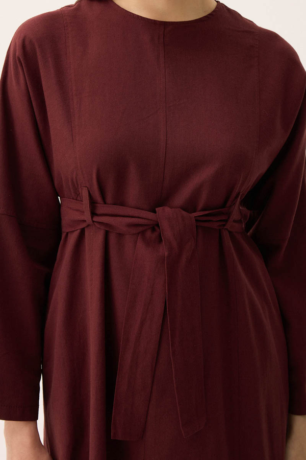 Ayana Keten Elbise Bordo - 4