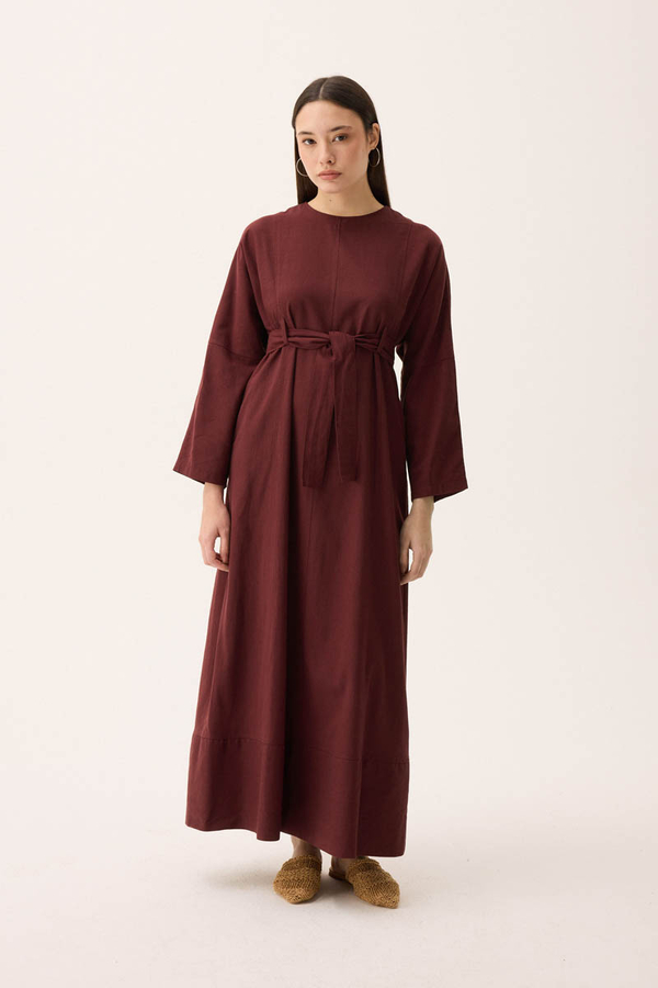Ayana Keten Elbise Bordo - 3