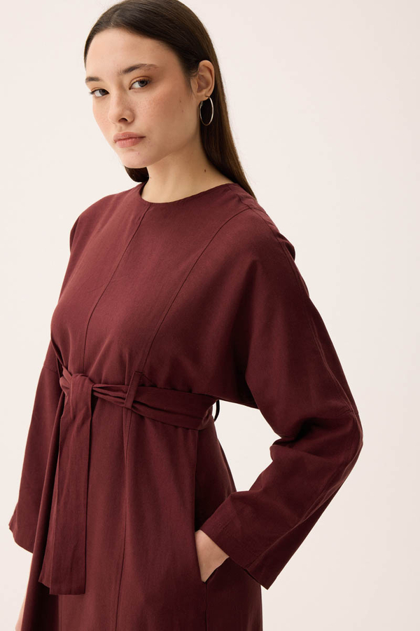 Ayana Keten Elbise Bordo - 11