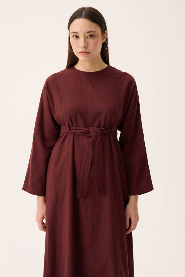Ayana Keten Elbise Bordo - 2