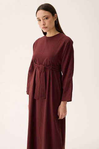 Ayana Keten Elbise Bordo - 5