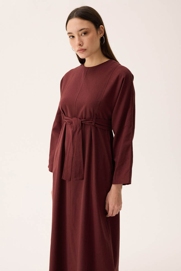 Ayana Keten Elbise Bordo - 5