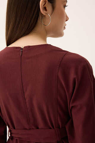 Ayana Keten Elbise Bordo - 7