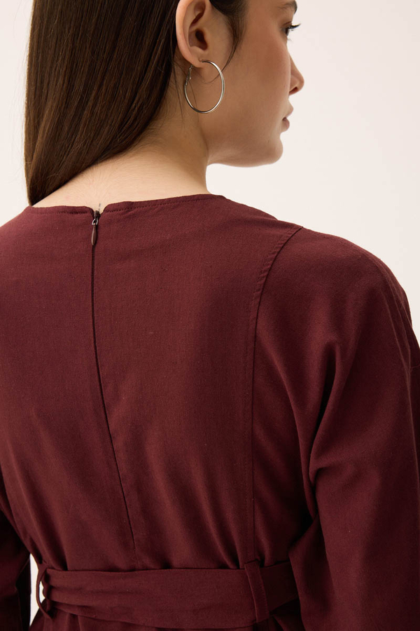 Ayana Keten Elbise Bordo - 7