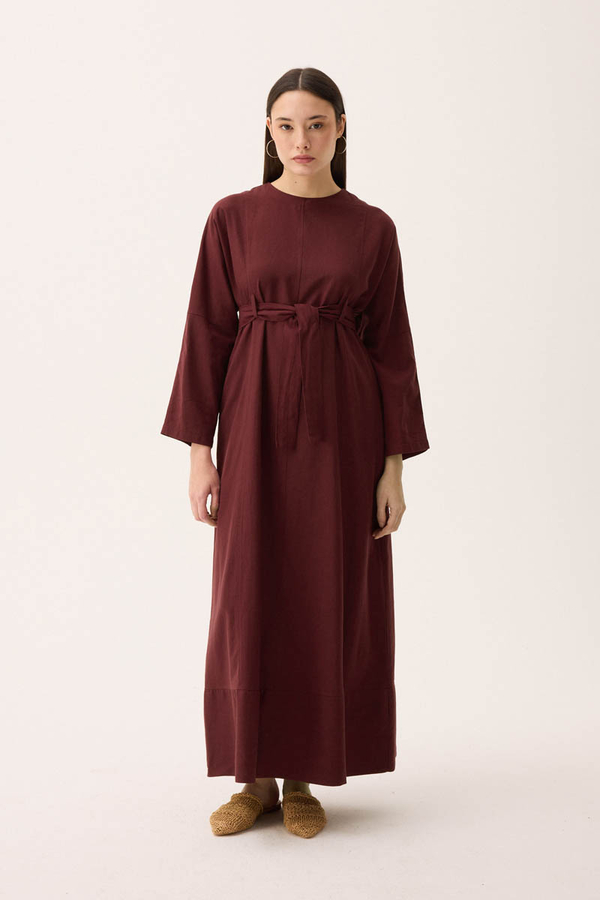 Ayana Keten Elbise Bordo - 8